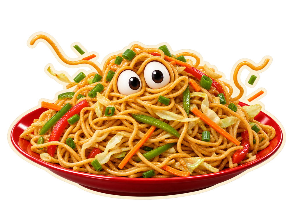 Hakka chowmein with friendly cartoon eyes